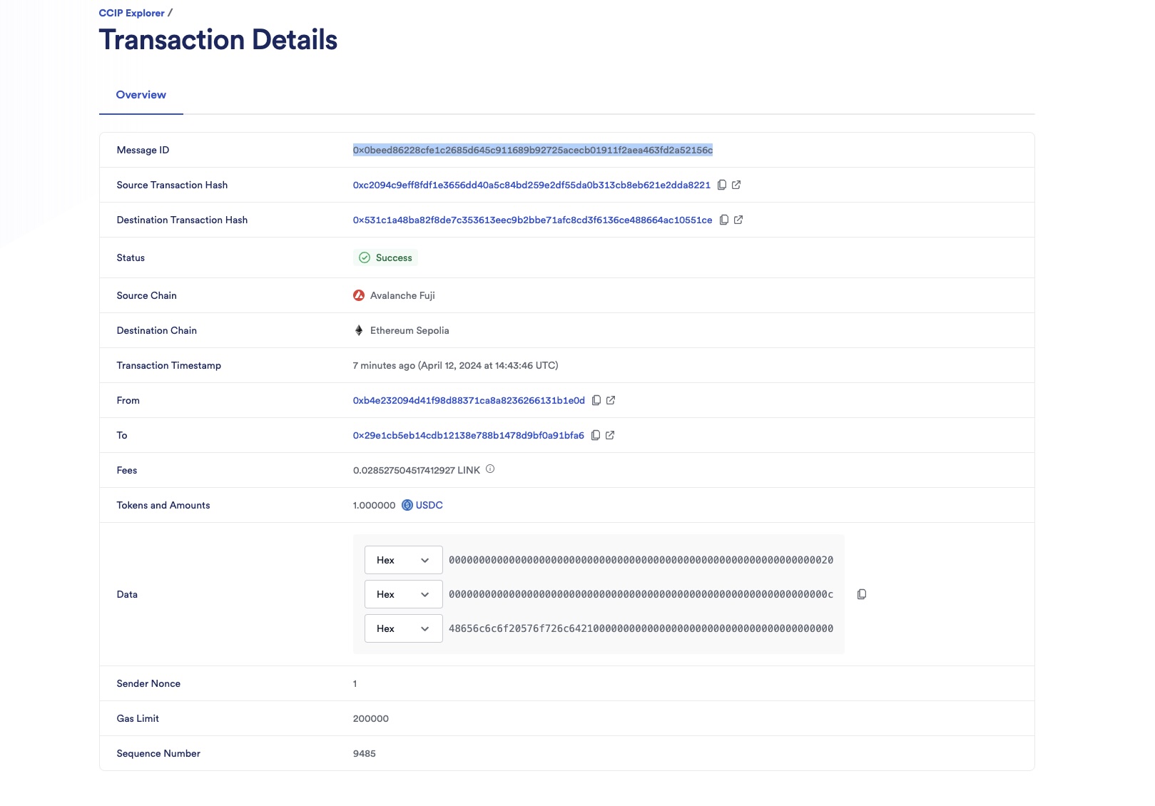 Chainlink CCIP Explorer transaction details success